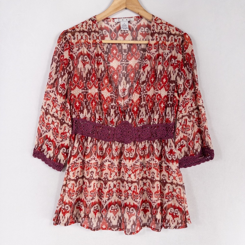 Cabi Top Blouse Womens Small Multicolor Print Crochet Trim Silk Boho Whimsigoth